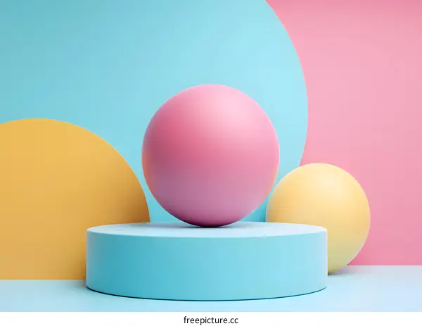 Abstract Background with Pink, Yellow, and Blue Spheres on a Platform