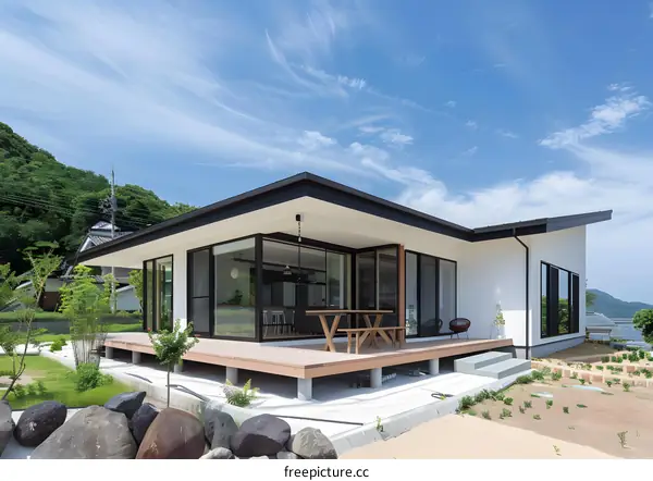 Modern Japanese House with a Deck and a View