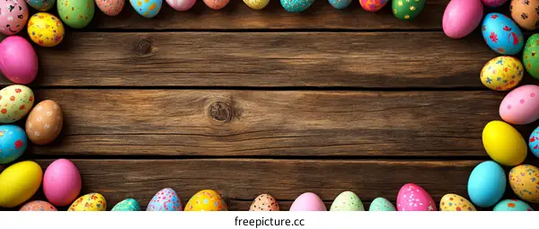 Colorful Easter Eggs on Wooden Background