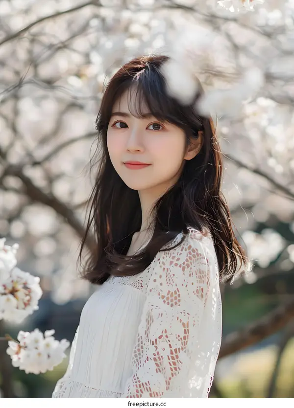 Young Woman in White Dress Posing in Front of Cherry Blossom Tree