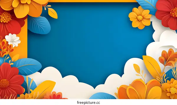 Blue Floral Background with Paper Cut Flowers