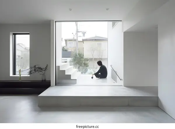Modern Minimalist House Interior with Large Window and Person Sitting on Stairs