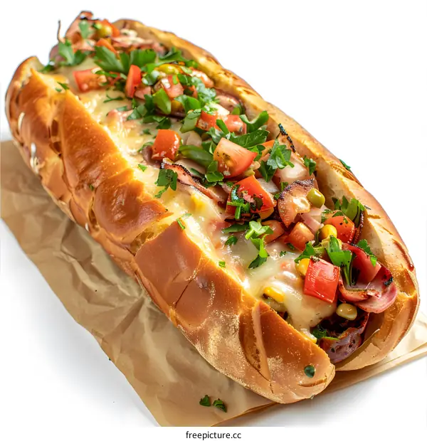 A delicious sandwich with ham, cheese, tomatoes, and peppers