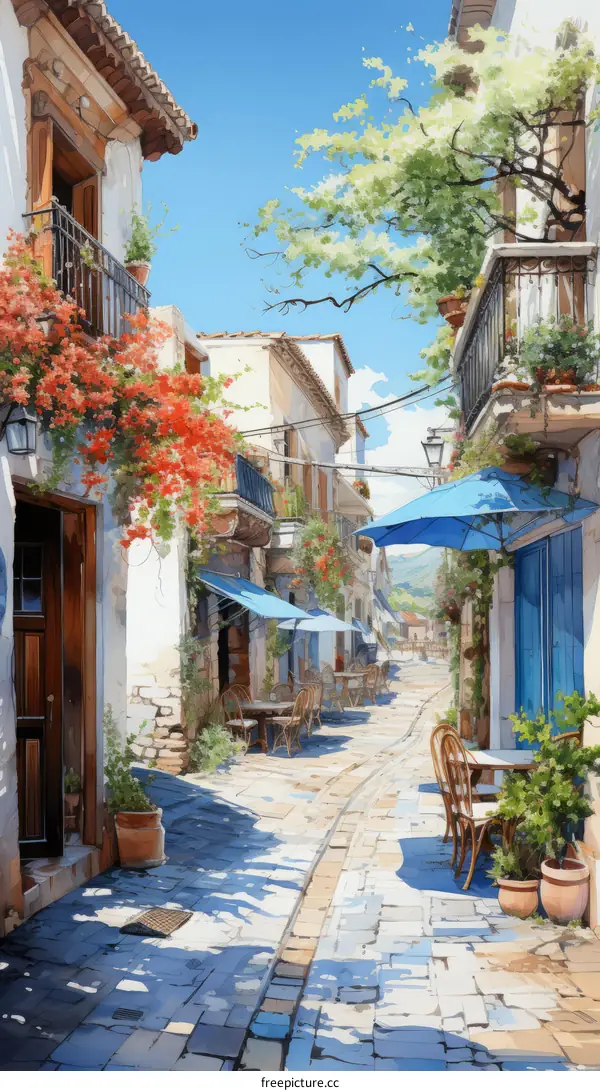 An illustration of a narrow street in a Mediterranean town
