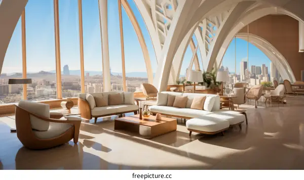 Modern hotel lobby interior with panoramic city view
