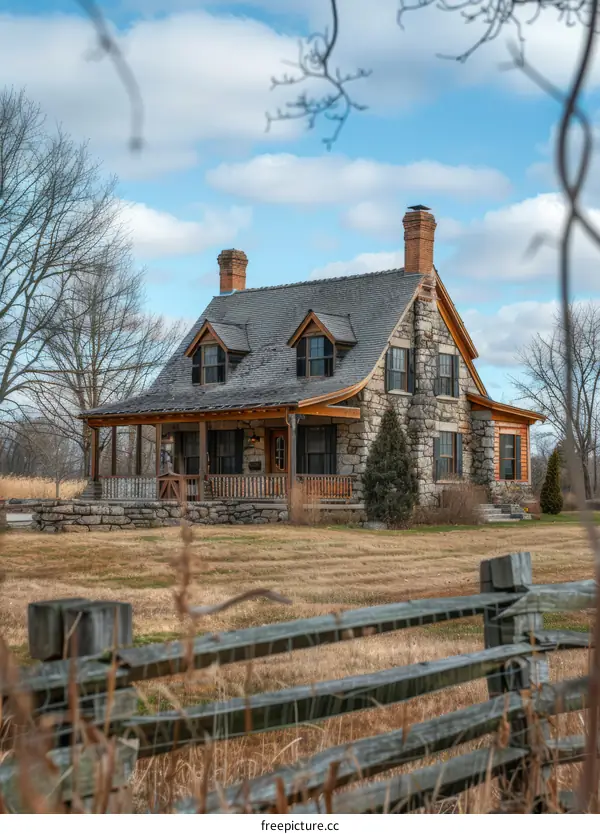 Stone Cottage With Porch And Garden Fence