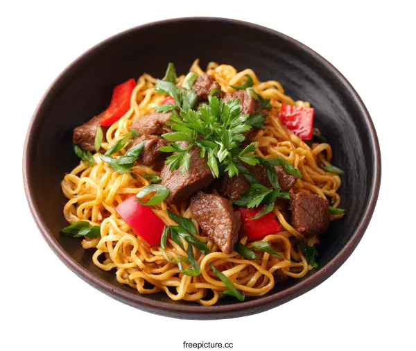 [Transparent Background PNG]Delicious Beef Noodles in a Dark Bowl