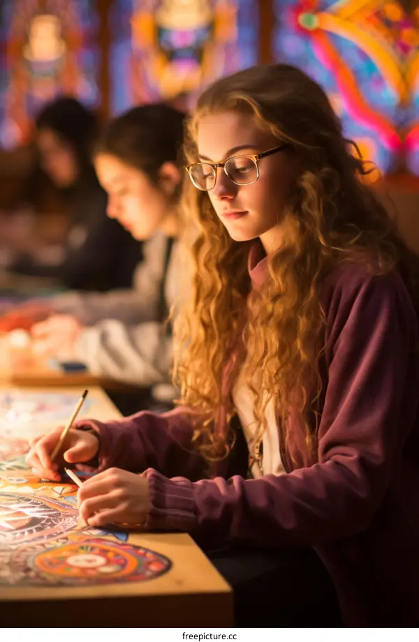 Teenage girl drawing with colored pencils
