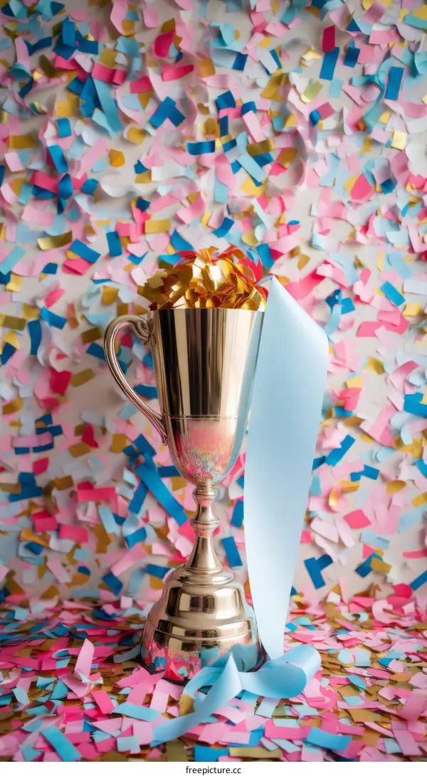 gold trophy with blue ribbon and confetti