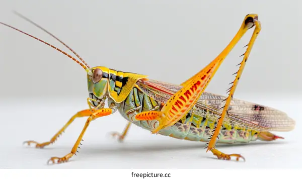 A colorful grasshopper sits on a white surface