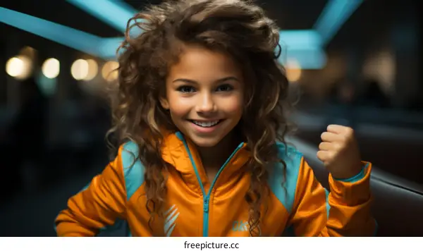 Cheerful little girl with curly hair raising her fist in celebration