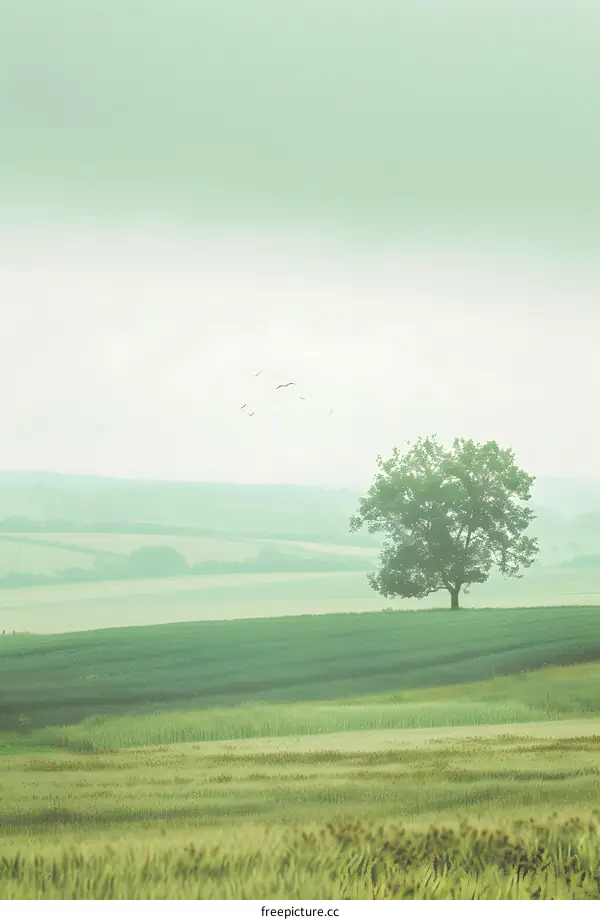 Single Tree In A Field Under A Foggy Sky
