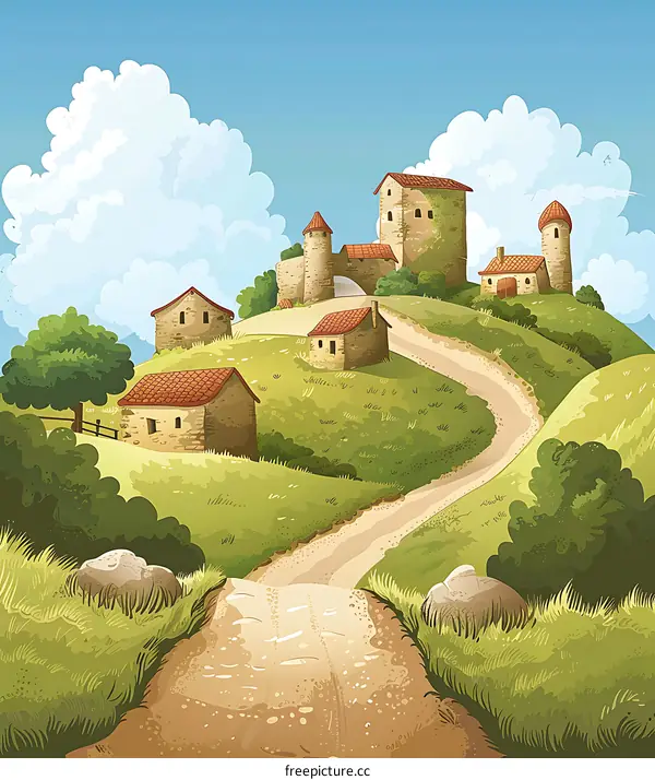 Cartoon Illustration of a Small Village on a Hill