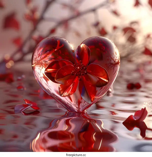 A red glass heart-shaped object floating on the water surface