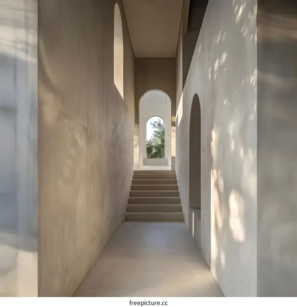 Modern Minimalist Concrete Interior Design With Archway And Stairs