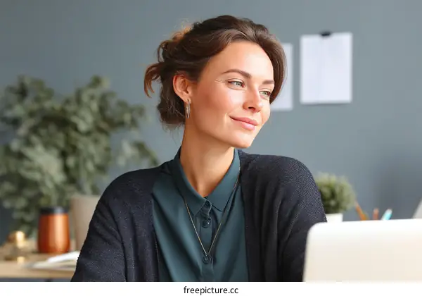 Caucasian Woman Working on Laptop in Office Environment