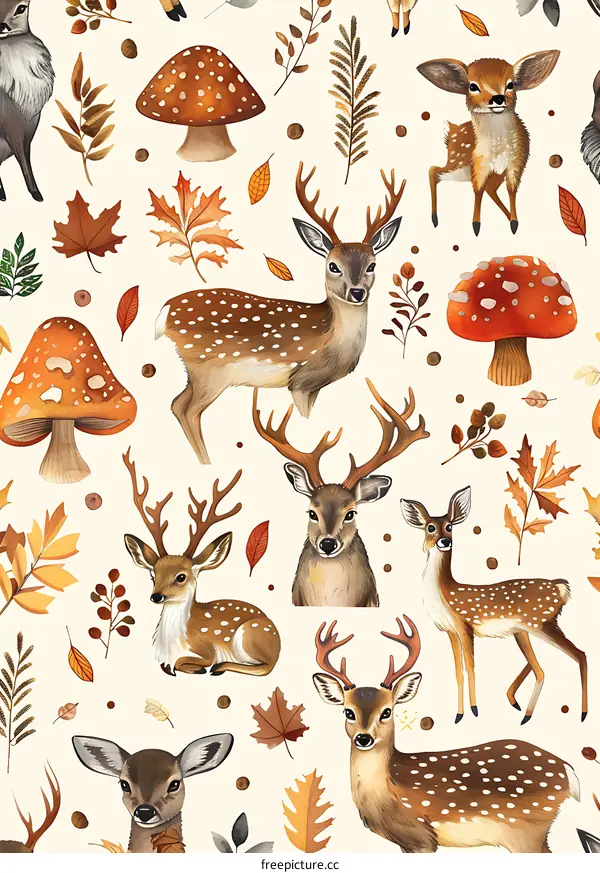 Autumn Watercolor Deer and Mushroom Seamless Pattern