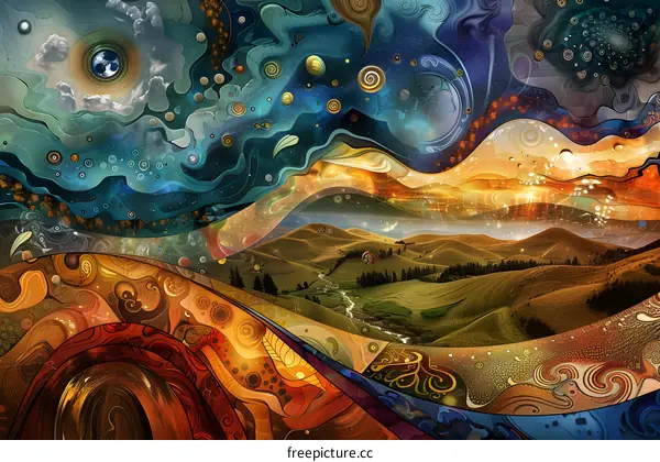 Abstract Landscape with Swirling Colors and Stars