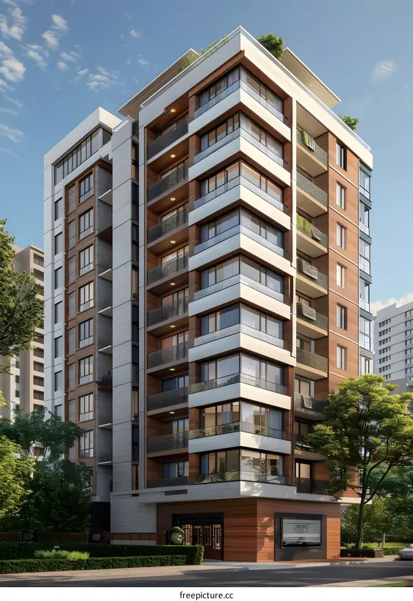 Modern Apartment Building with Wooden Accents