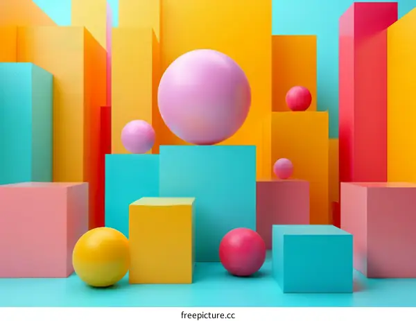Colorful 3D geometric shapes with spheres on podiums
