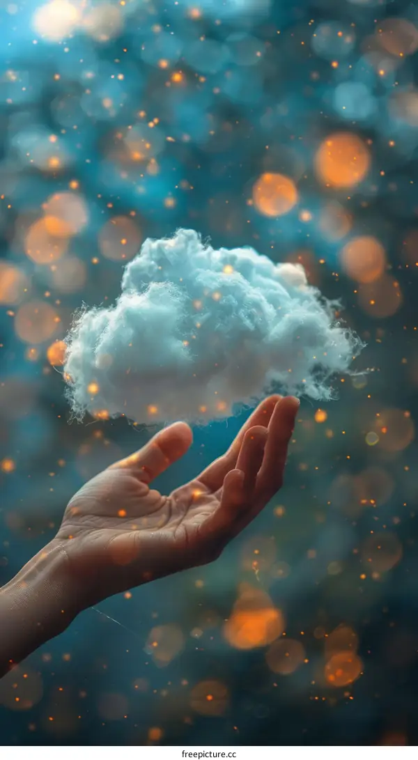 Hand Holding a Cloud Against a Starry Sky