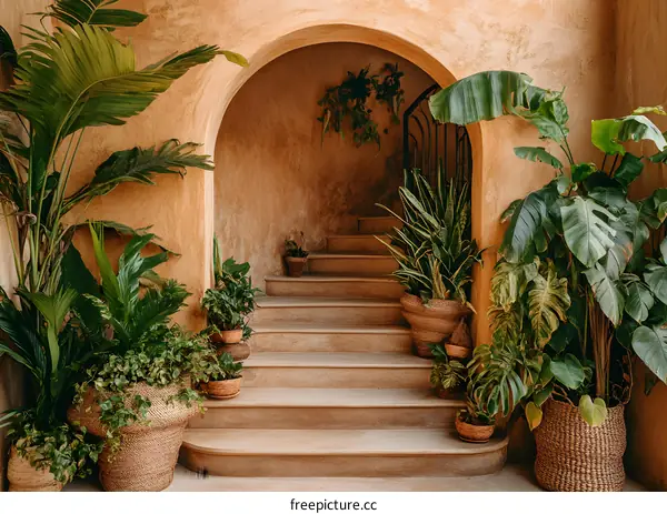 Tropical Plants and Stairs in a Rustic Archway