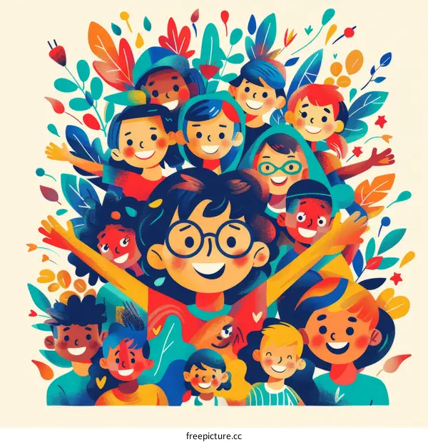 A group of diverse children with a big smile on their faces