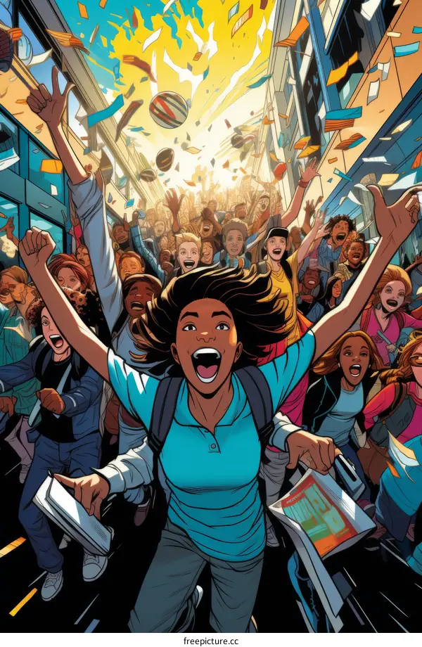 Crowd of diverse people celebrating with hands raised in the air