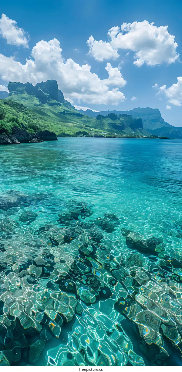 Clear Turquoise Water With Mountain Landscape In The Background