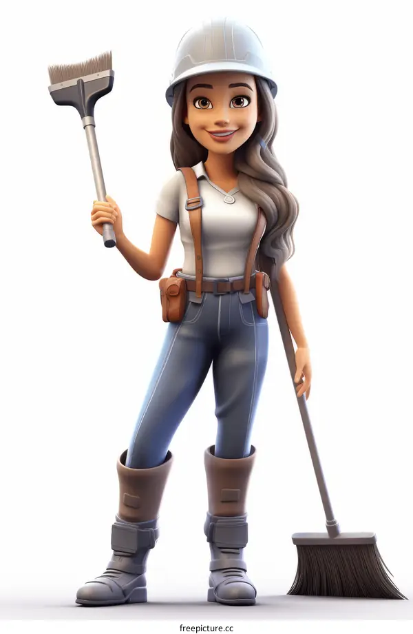 A female construction worker with a hard hat, broom, and dustpan