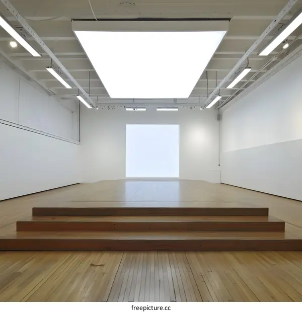 Empty White Gallery Space with Wooden Floor and Steps