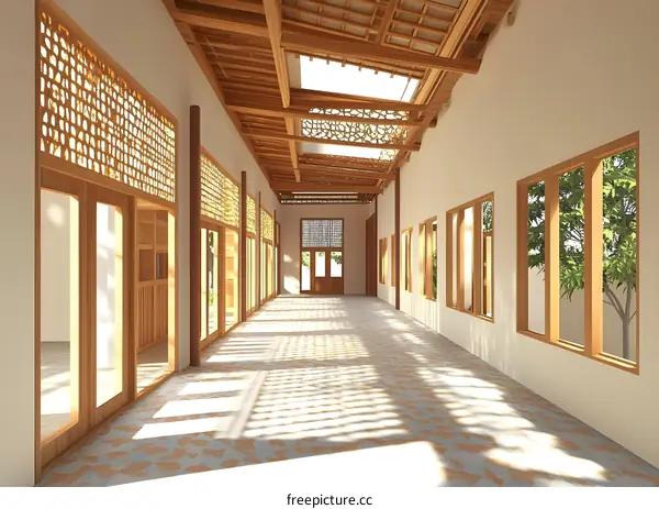 Wooden Corridor with Patterned Windows and Skylight