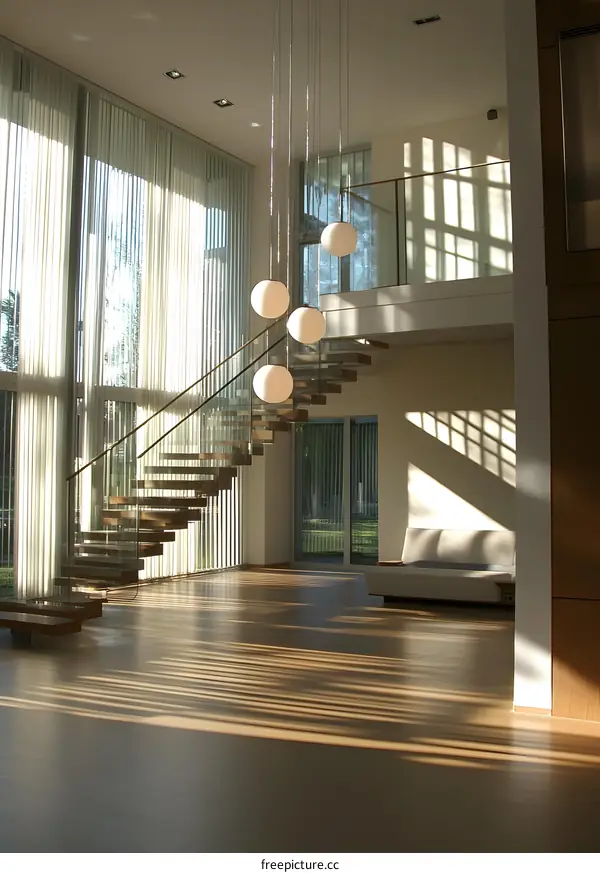 Modern Interior Design with Wooden Staircase and White Ceiling Lights