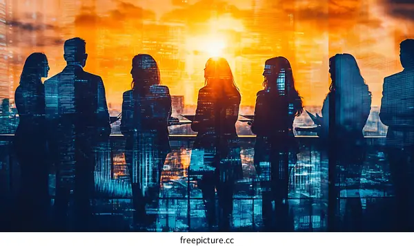 Business People Silhouette Sunset Cityscape