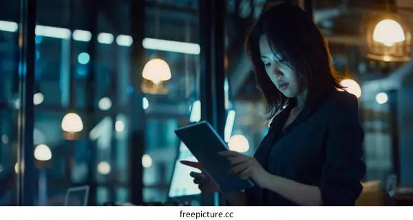 Young Asian businesswoman using a tablet computer in the office at night