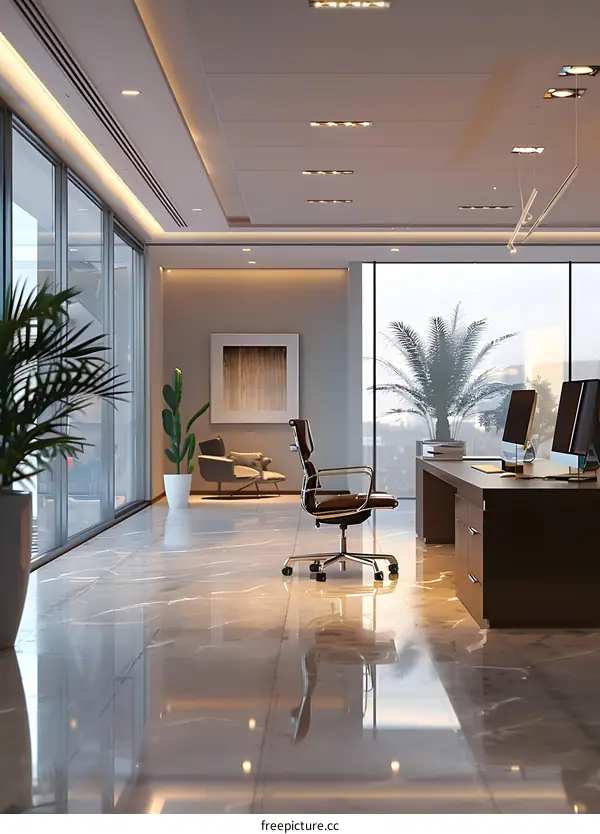 Modern office interior with large windows and marble floor
