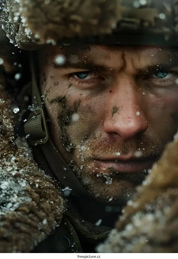 Close Up Portrait of Soldier in Snow