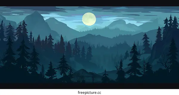 Dark Forest Mountains Night Landscape Illustration