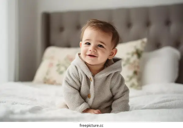 Cute baby sitting on soft white bed with floral pillows