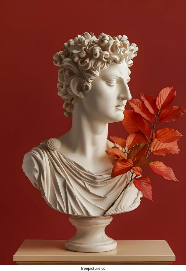 White Marble Bust with Autumn Leaves on Red Background