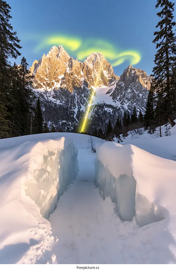Snowy Mountain Landscape with Aurora Borealis