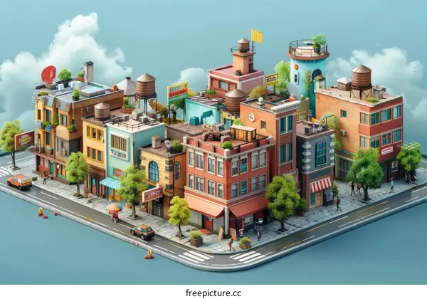 Busy City Street with Pedestrians and Cars