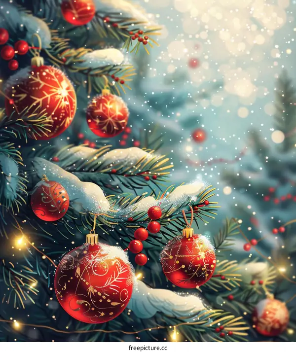 Christmas Tree Decorated with Festive Red Ornaments