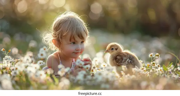 Little girl with a baby chicken in a field of daisies