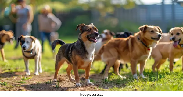 Group of dogs playing in the park on a sunny day