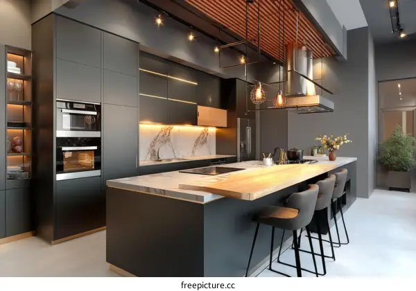 Modern Dark Kitchen Design with Island and Bar Stools