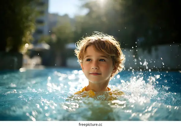 Child Swimming in a Pool on a Sunny Day