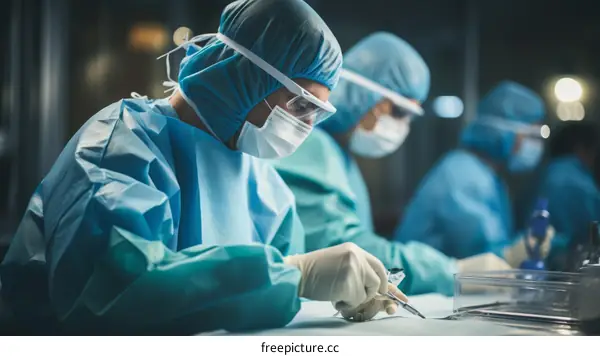 Surgeons performing an operation in a hospital operating room