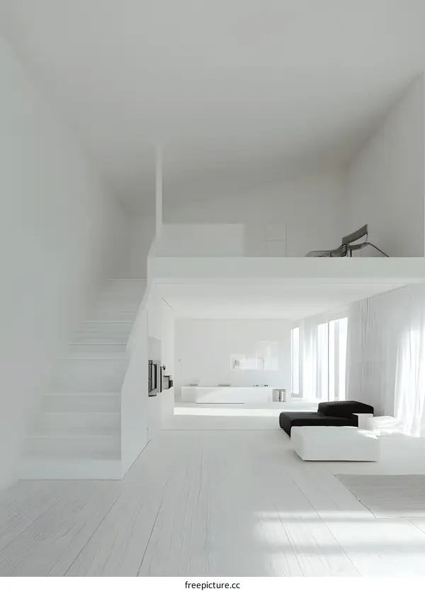 Minimalist Modern White Loft Apartment Interior Design with Staircase