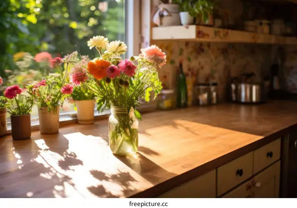A beautiful bouquet of flowers sitting on a kitchen counter